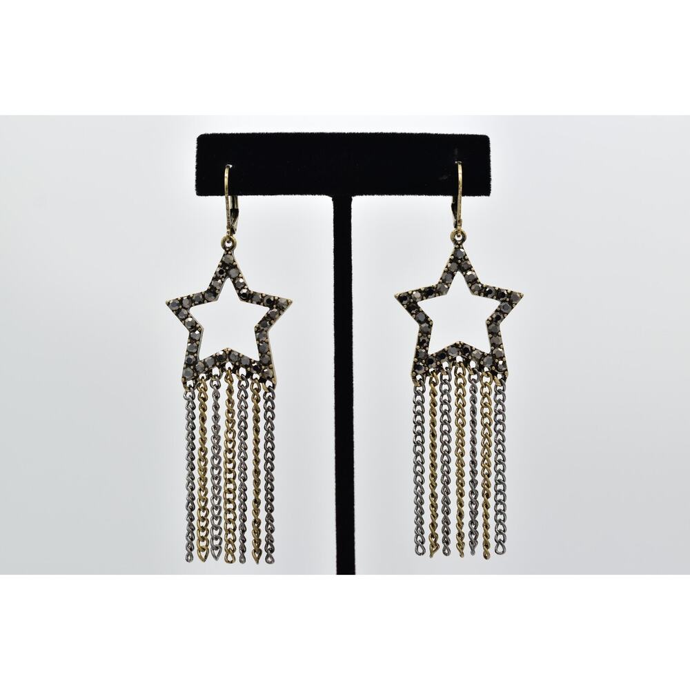 Vintage Star Fringe Earrings Dangle Chain Marcasite Crystal Gunmetal Gold BinBF